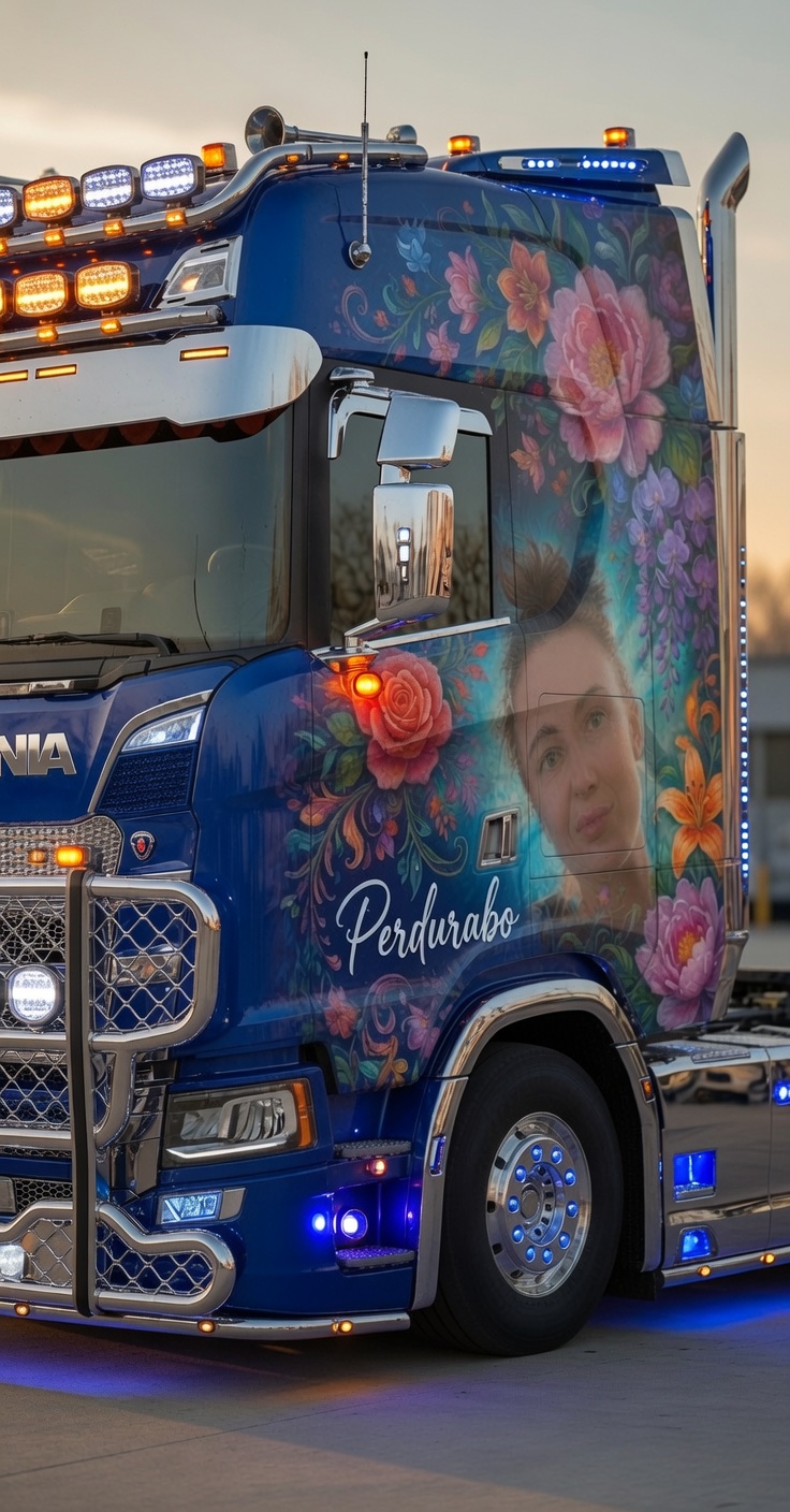 Camion Scania albastru decorat cu flori — Perdurabo
